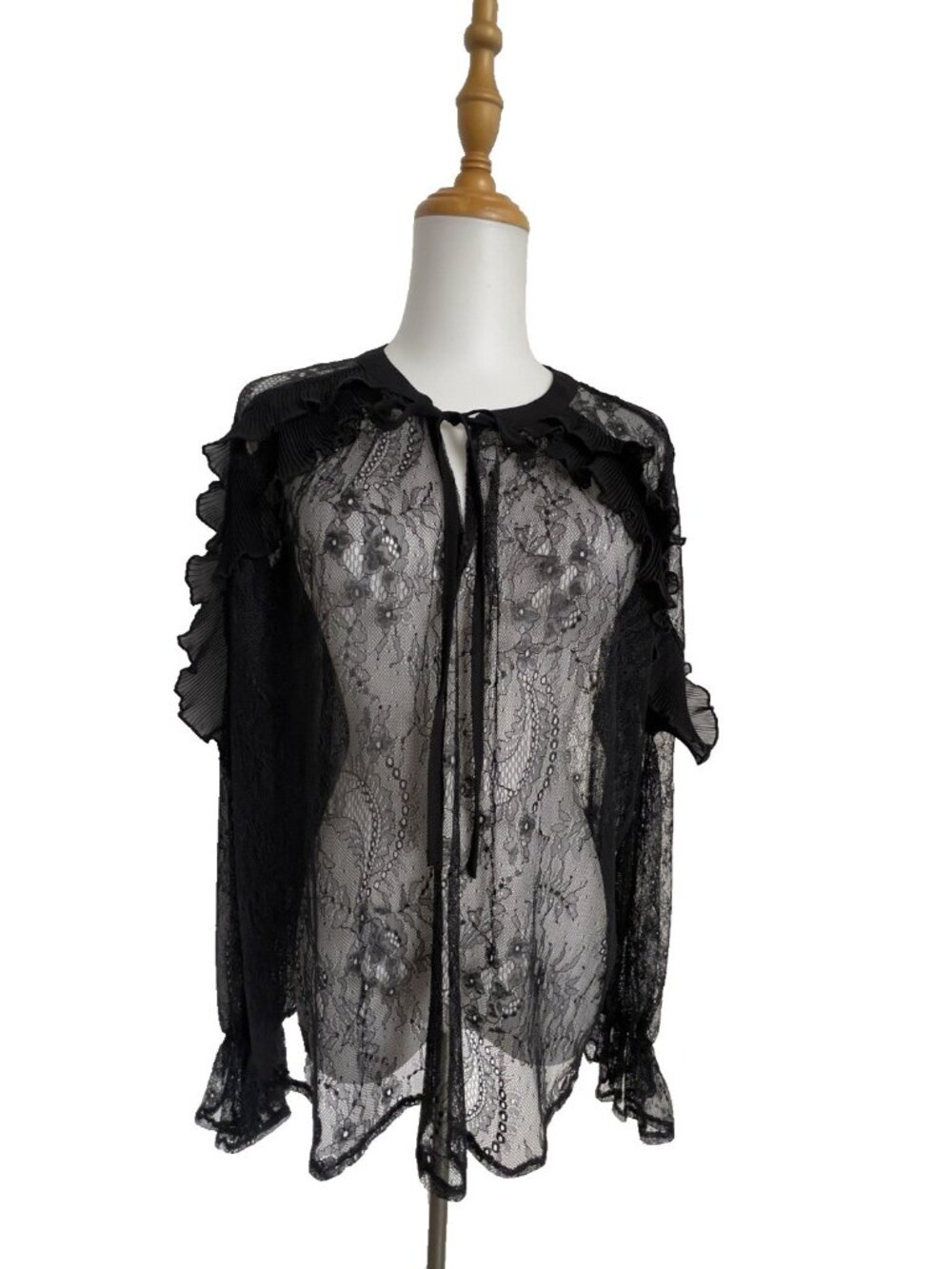 BROADWAY 38 Women's Sz XL Blouse Black Ruffle Lace Whimsygoth Romantic Sheer